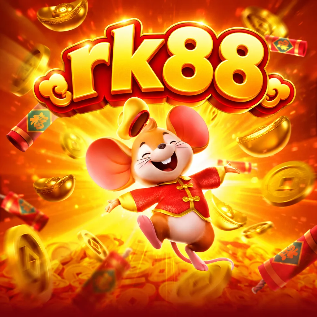 rk88 Fortune Mouse dengan karakter tikus berbaju merah di antara koin emas dan petasan