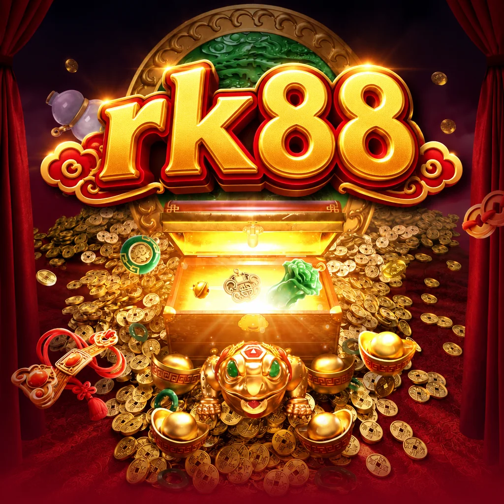 rk88 Jewels Prosper menampilkan peti harta karun bercahaya, katak emas, dan koin keberuntungan